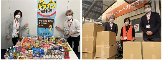 寄付の様子と集まった食品の写真です。