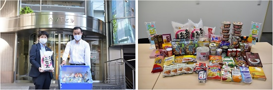 寄付の様子と集まった食品の写真です。