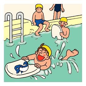 プールで子どもが泳いでいる絵です。