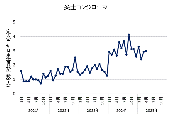 2025年4月の尖圭コンジローマの定点当たり患者報告数は3.00でした。