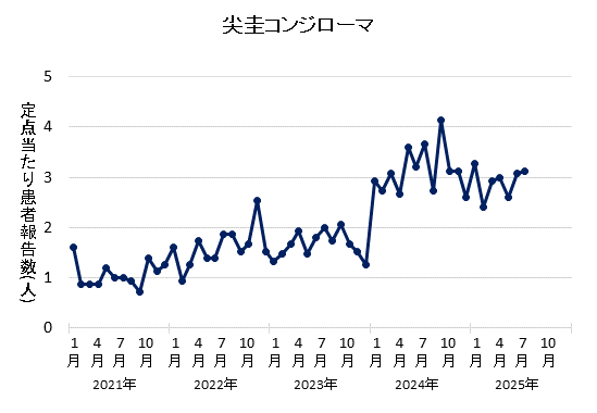 2025年7月の尖圭コンジローマの定点当たり患者報告数は3.13でした。