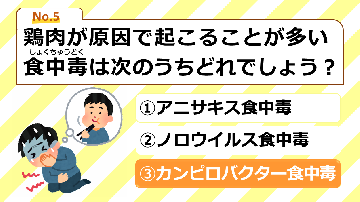 講座で行ったクイズで使用したスライドから、1枚抜粋したものです。クイズ「鶏肉が原因で起こることが多い食中毒は次のうちどれでしょう？」選択肢1アニサキス食中毒、2ノロウイルス食中毒、3カンピロバクター食中毒