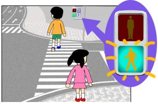 青信号のピカピカのときは、わたり始めてはいけません。わたっているとちゅうの時は、なるべく早くわたりましょう。