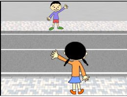 とびだしはきけんです。右左右をよくたしかめてからわたろうね。