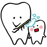 歯の親子が仕上げみがきをしているイラスト
