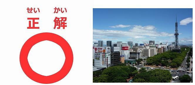 正解、丸を表す画像と久屋大通の写真