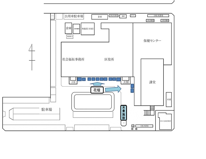 敷地全体図と、花壇・水景施設の位置です。
