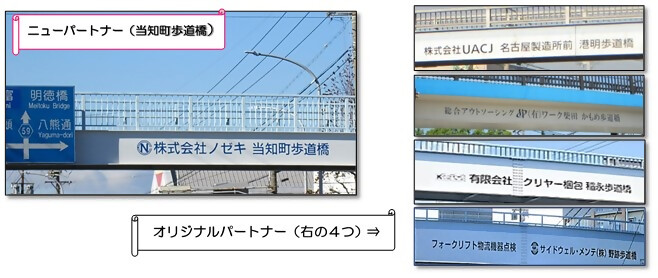 今年新たに契約した歩道橋パートナー（当知町歩道橋）の写真と、既に契約している4か所の歩道橋パートナーの写真です。
