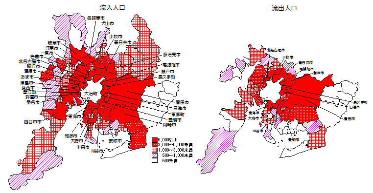 名古屋市への流入人口（左図）、流出人口（右図）。流出入人口規模を5段階に分け、地図上に色分け表示しています。