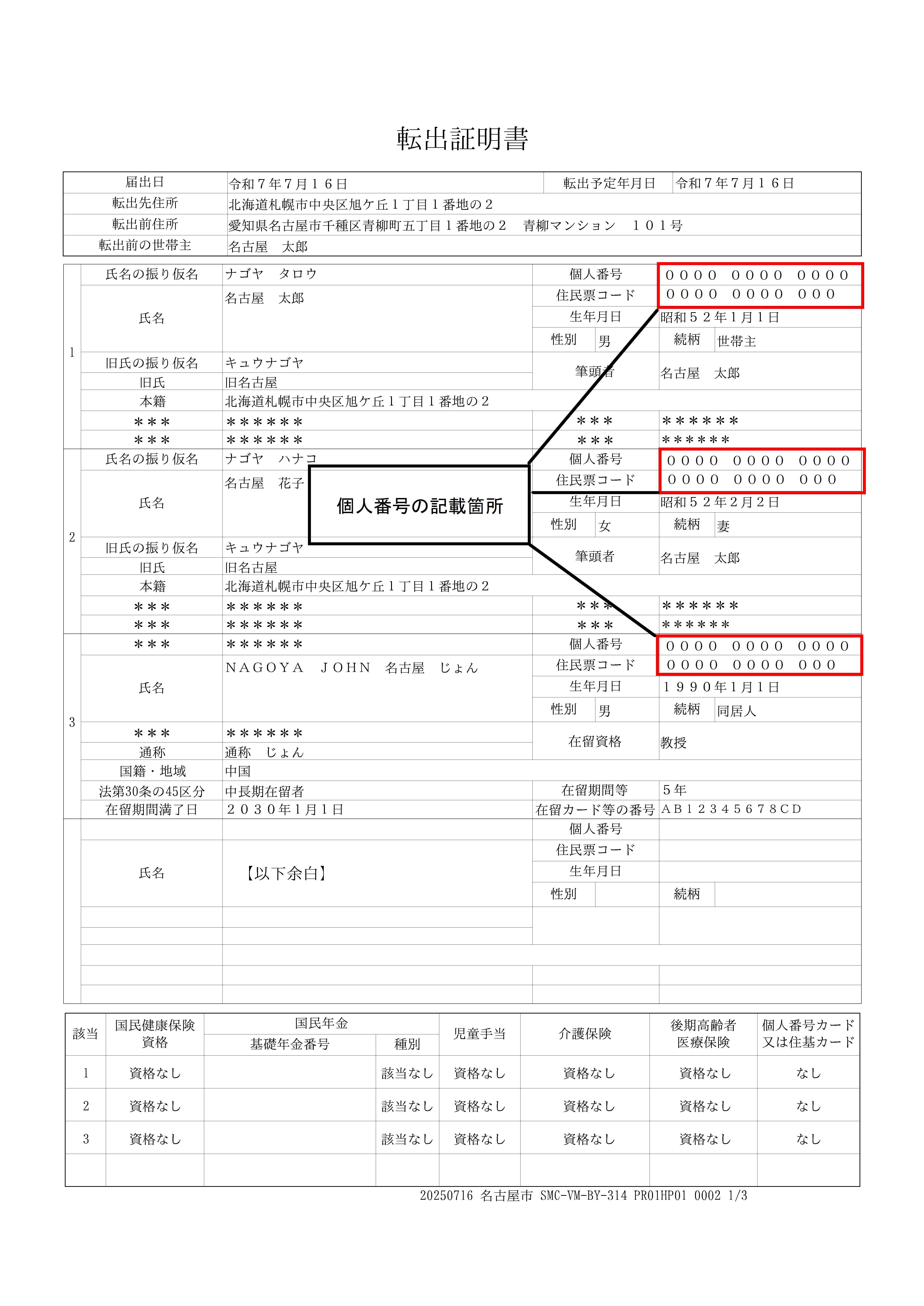 転出証明書の記載イメージの画像