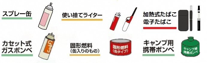 イラスト:カセット式ガスボンベ、殺虫剤などのスプレー缶、キャンプ用携帯ボンベ、使い捨てライター、柄の長い使い捨てライター、缶入りの固形燃料、加熱式たばこ・電子たばこのイラスト